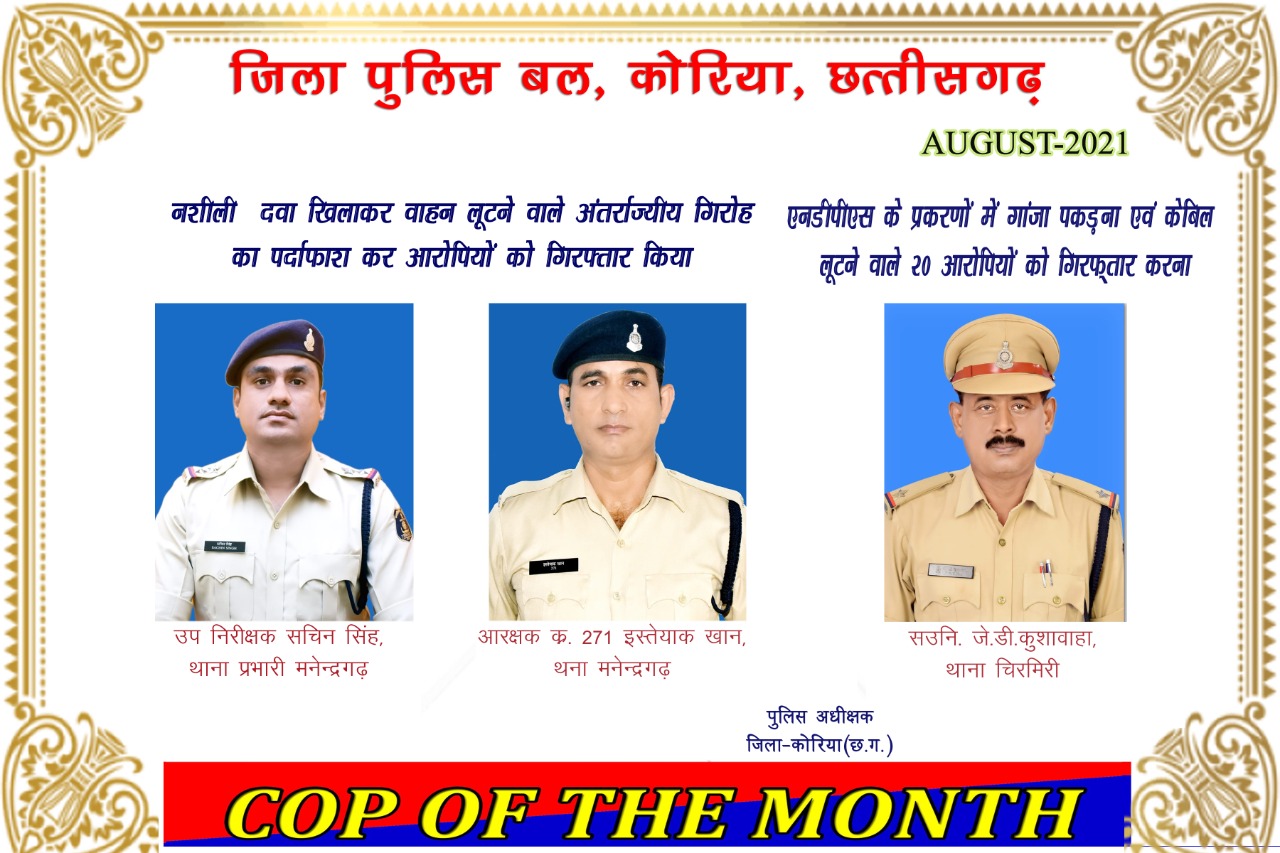 कोरिया पुलिस कॉप आफ द मंथ थाना प्रभारी मनेन्द्रगढ़ उप निरीक्षक सचिन सिंह , स.उ.नि. जे.डी.कुशवाहा थाना चिरमिरी, आरक्षक इस्त्याक खान थाना मनेन्द्रगढ़ चुने गए 