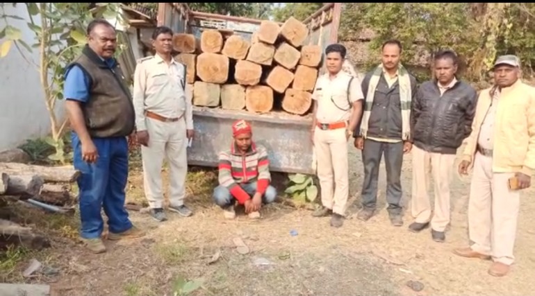 वन विभाग की टीम की बड़ी कार्यवाही इमारती लकड़ी से भरे पिकअप को अवैध लकड़ी तस्करी करते हुए पकड़ा।