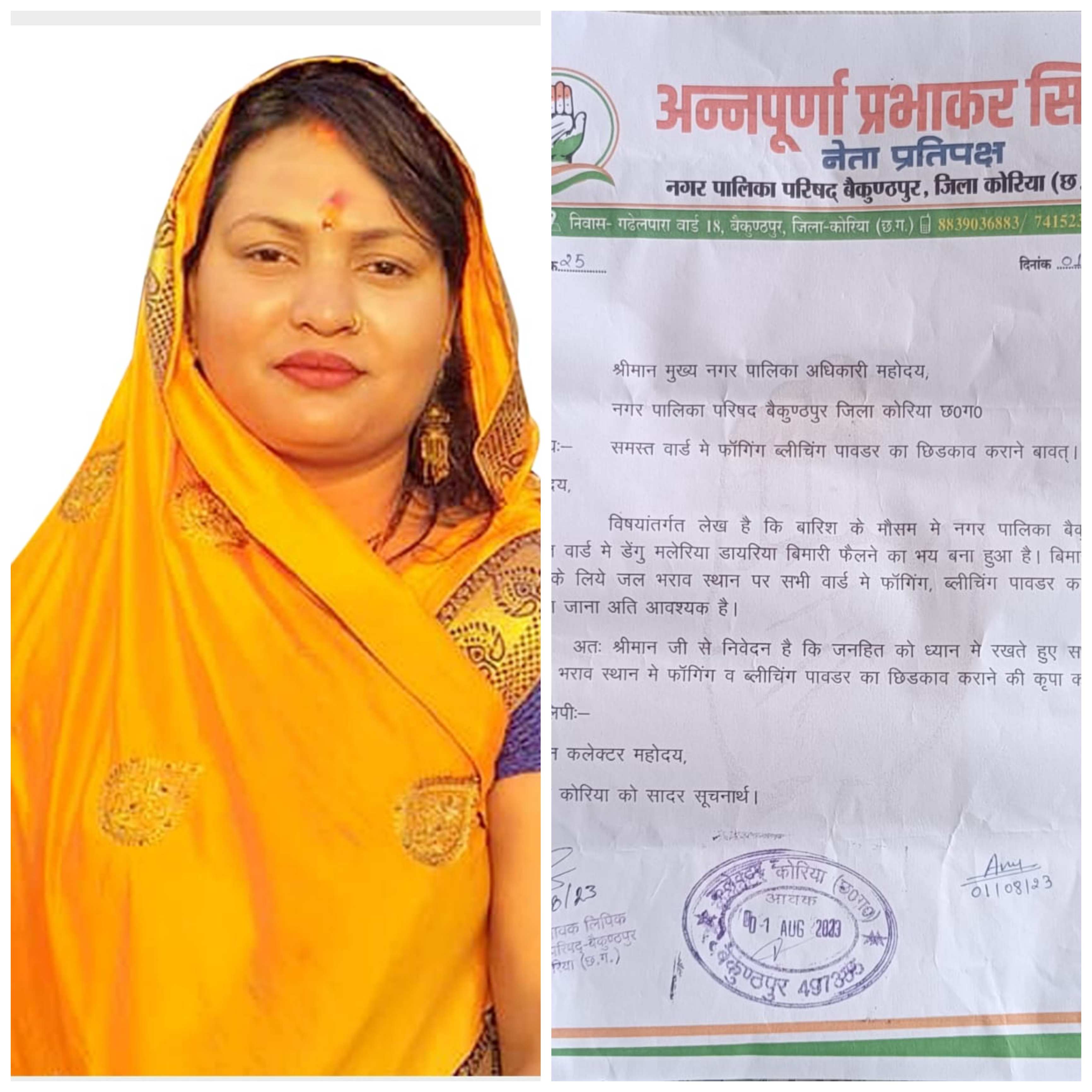 शहर को मलेरिया व डेंगू से बचाने नेता प्रतिपक्ष अन्नपूर्णा प्रभाकर सिंह  ने प्रशासन एवं नगरपालिका परिषद को लिखा पत्र